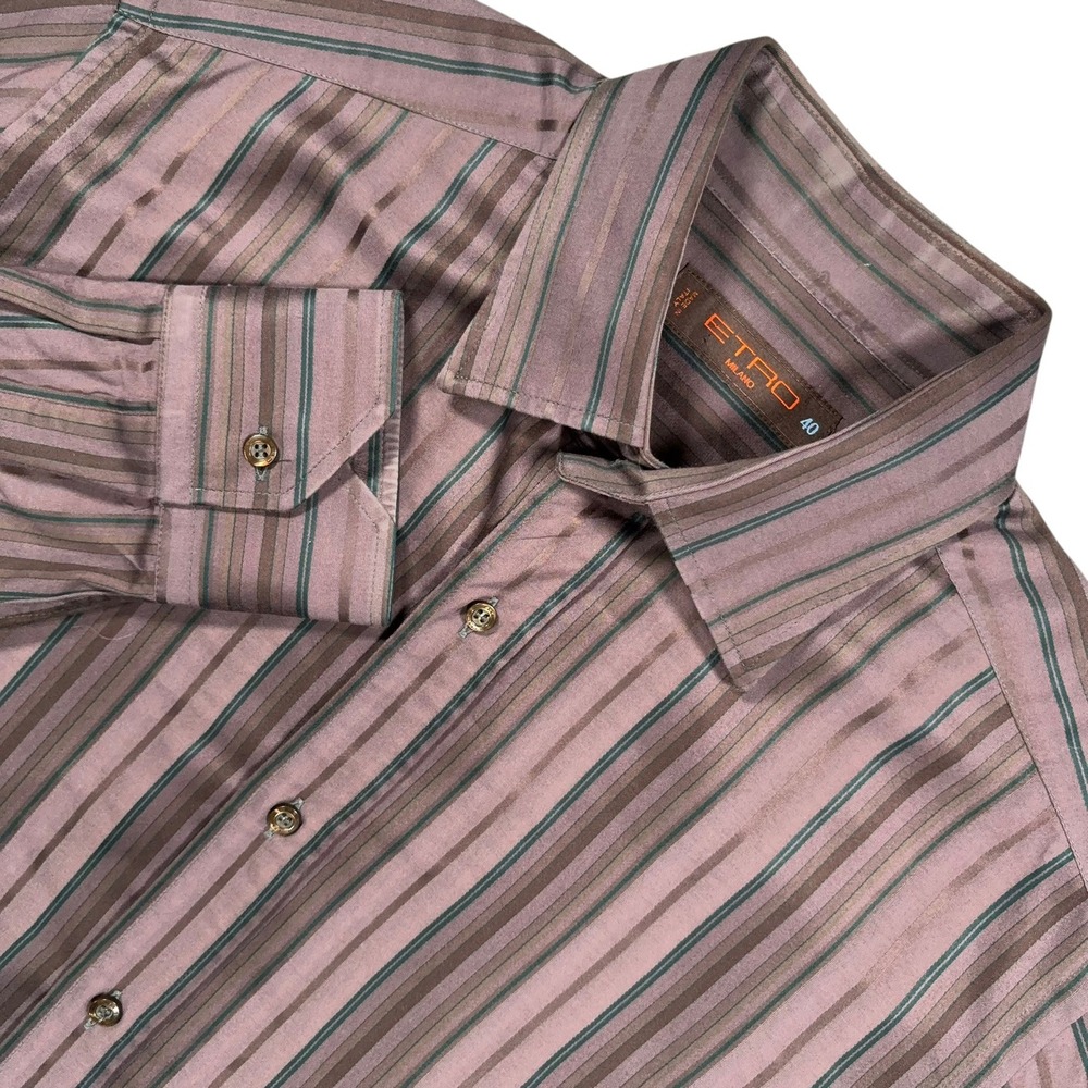 ETRO Button Up LS Shirt Mens M 40 Purple Brown Multi Stripe Cotton Italy